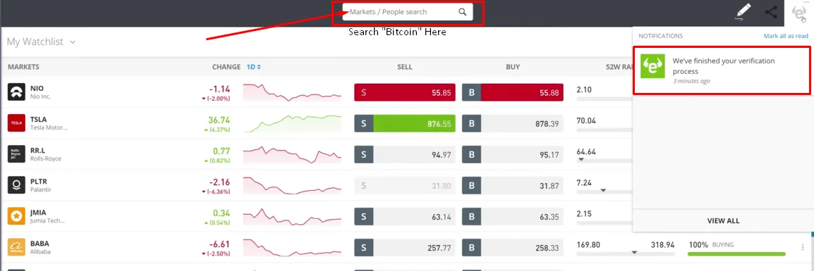 Search for Bitcoin and Place an Order, How to Buy Bitcoin on eToro